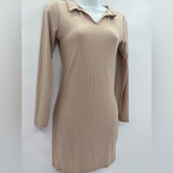 Boohoo Camel Ribbed Collar Detail Long Sleeve Bodycon Dress Size 6 - Picture 3 of 11